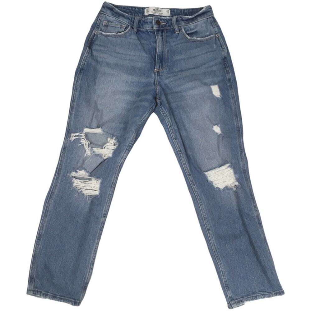 Hollister Mom Jeans Curvy High-Rise Light Wash Blue Denim Distressed Juniors 3S‎